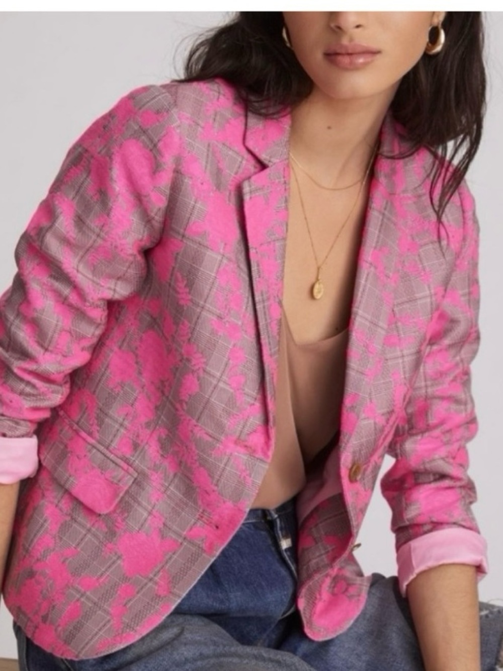 Anthropologie Hutch hot pink floral brocade and plaid double button blazer L
